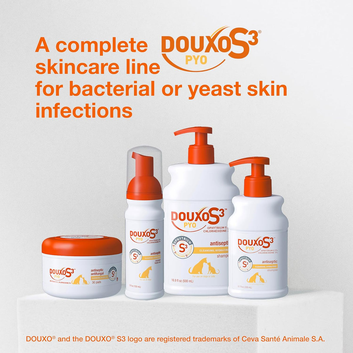 DouxoS3 PYO antiseptic skincare line set with three shampoo bottles and jar