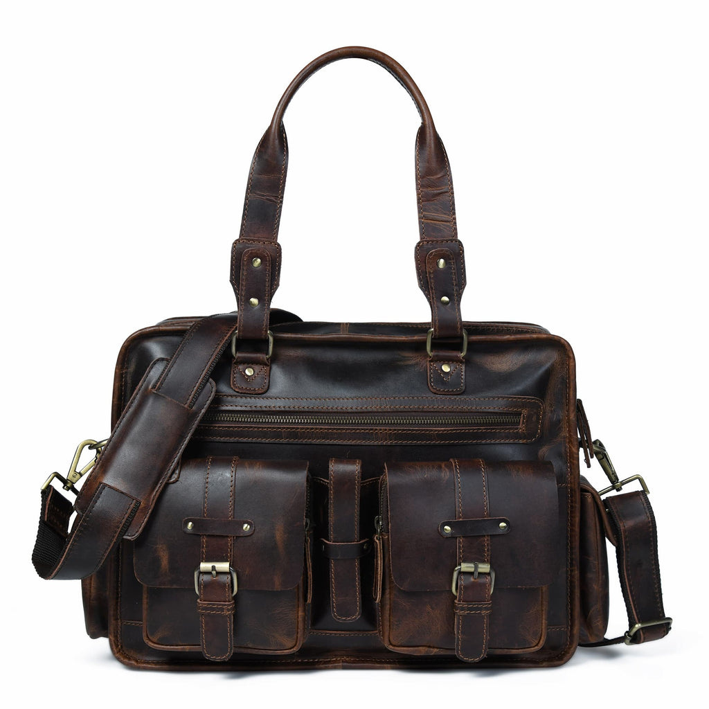 Brown leather briefcase with two front pockets, top handle, and shoulder strap.
