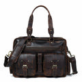Brown leather briefcase with two front pockets, top handle, and shoulder strap.