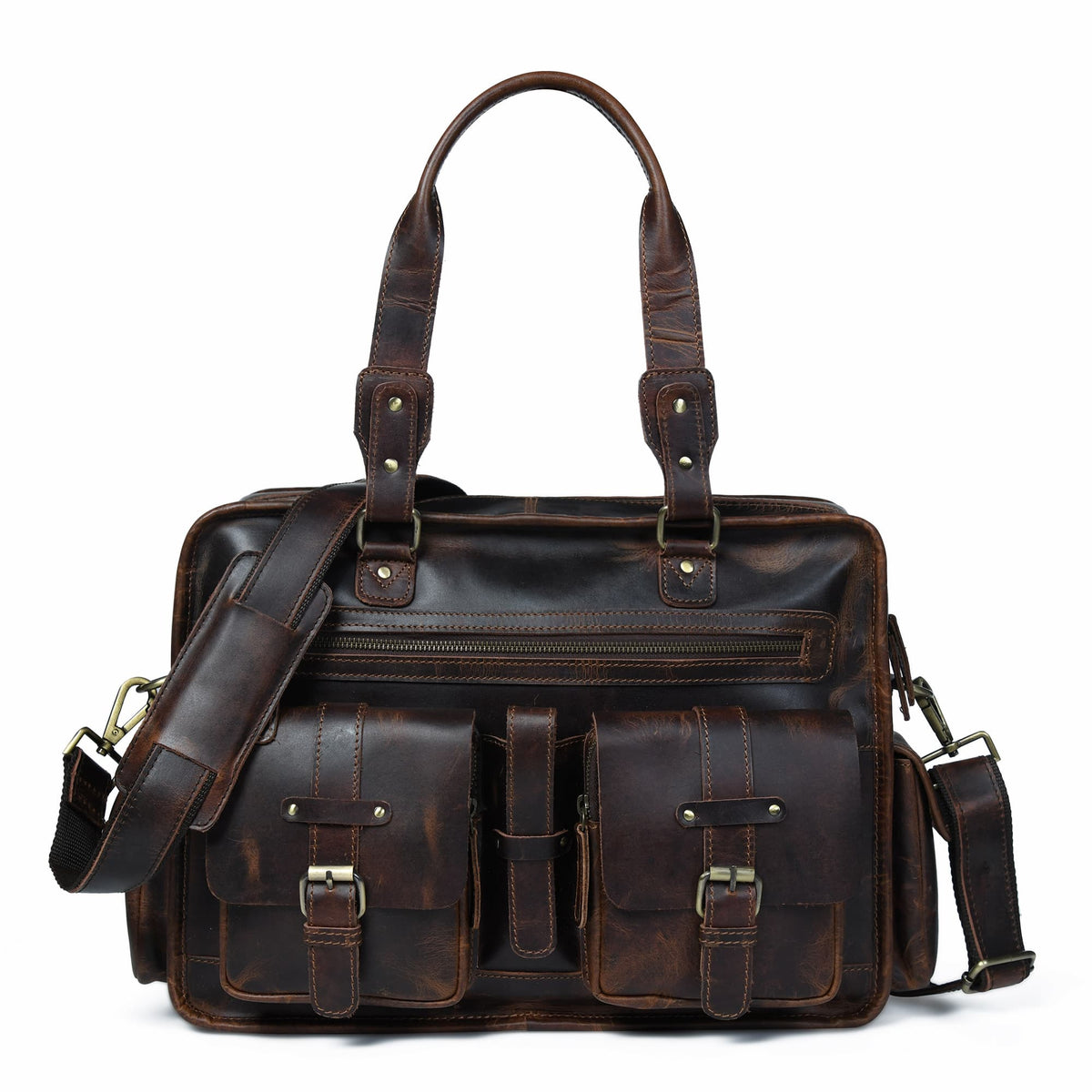 Brown leather briefcase with two front pockets, top handle, and shoulder strap.