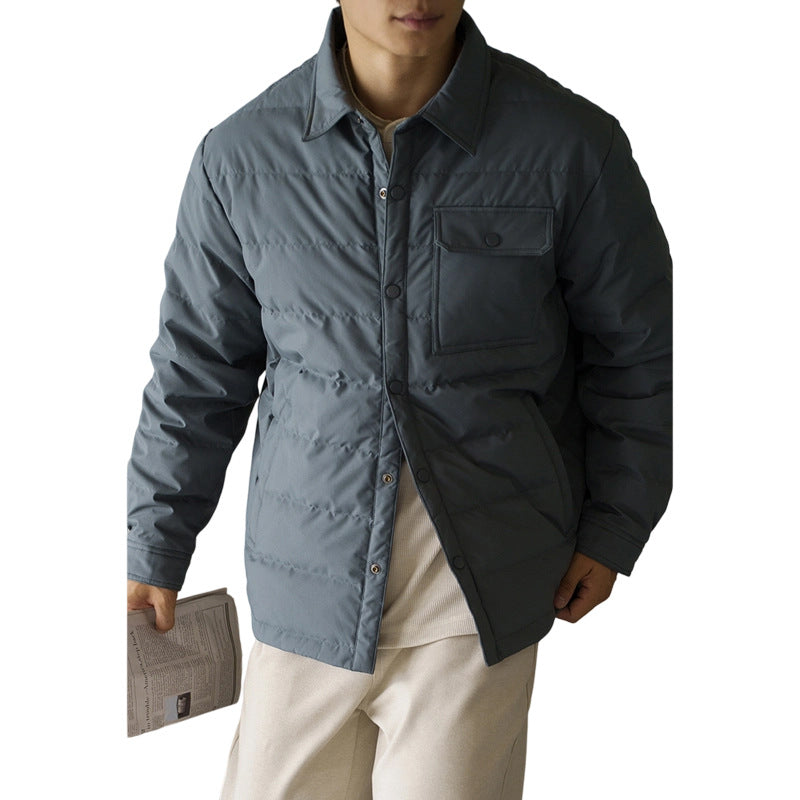Men's short puffer jacket in gray with baseball collar, chest pocket, and button front