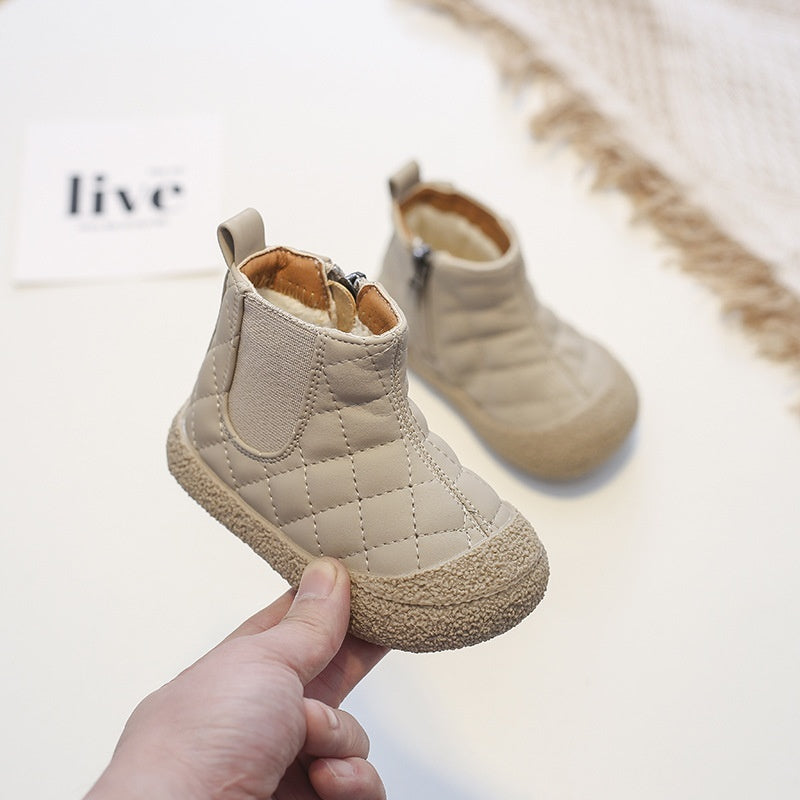 Soft-soled cotton child boots in light khaki, side view showing quilted pattern and pull tab