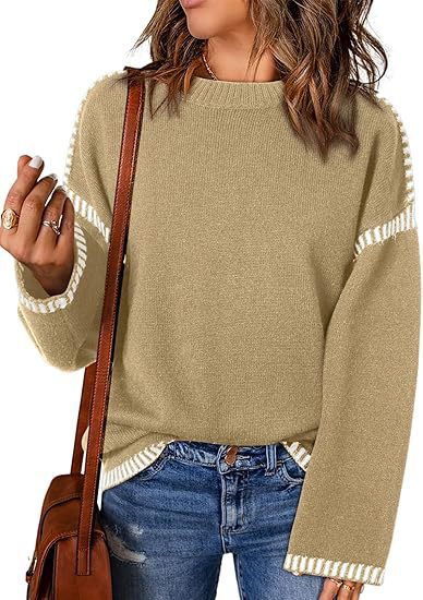 Women’s khaki round-neck pullover sweater with striped cuffs and hem