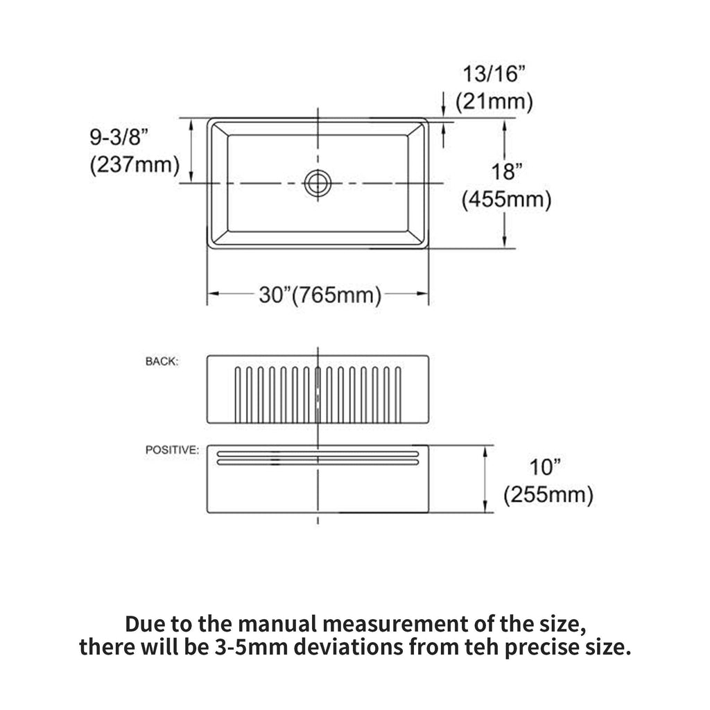 Single-bowl sink sizing diagram showing top view and drain cutout measurements
