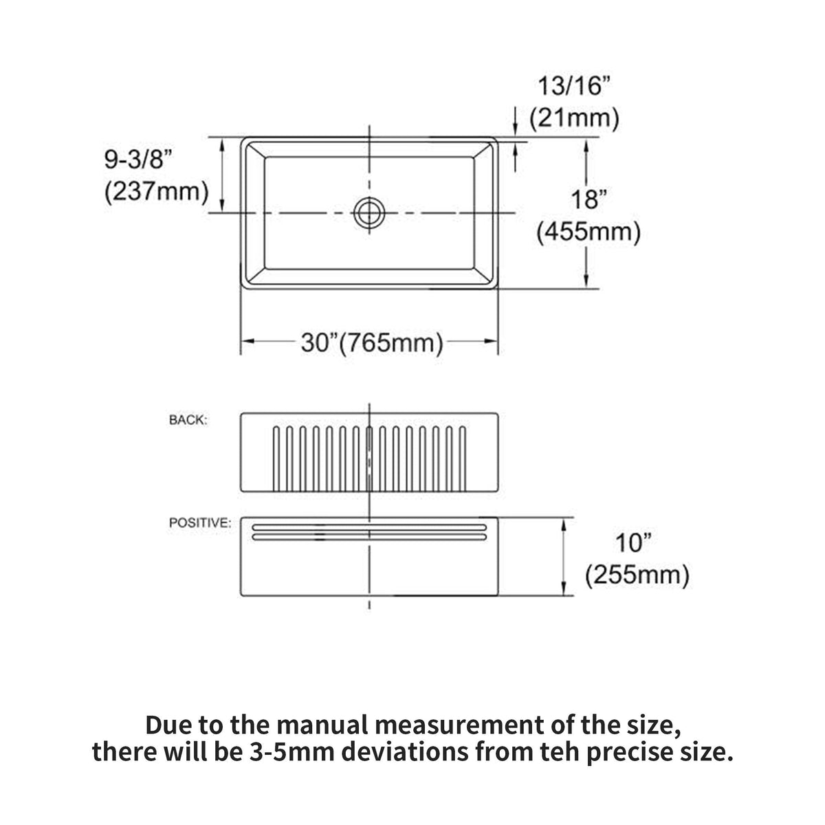 Single-bowl sink sizing diagram showing top view and drain cutout measurements