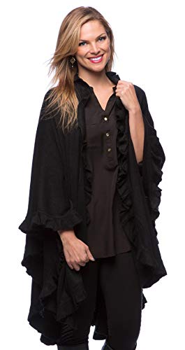 Women’s ruffle-trim knit open-front poncho cape in black, layered ruffle hem