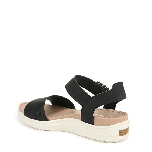 Women's black strappy sandal with buckled ankle strap and white platform sole