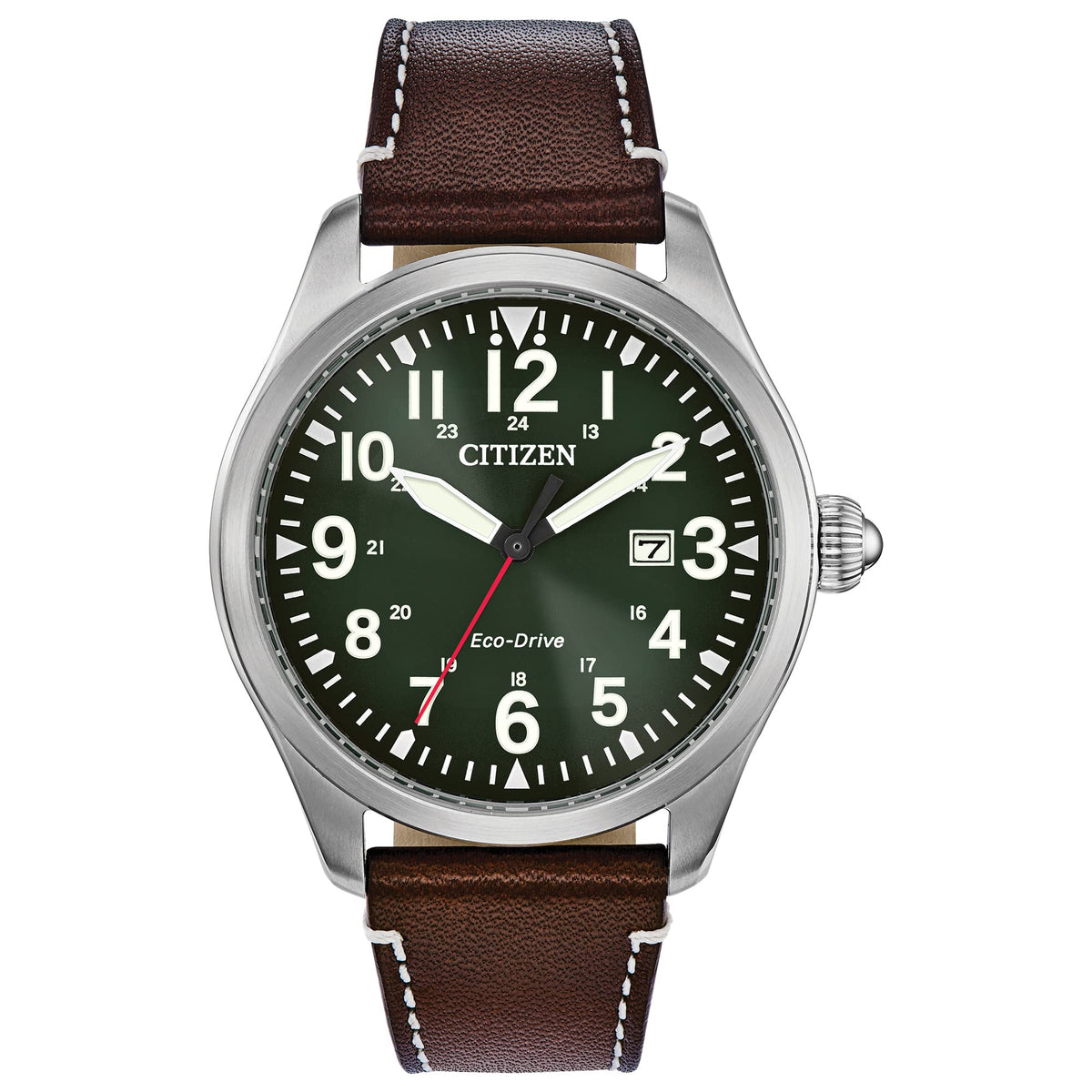 Men's field watch with green dial, stainless case, and brown leather strap
