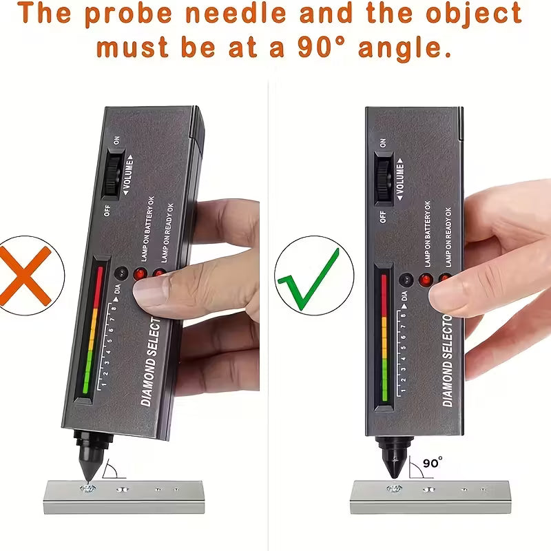 Diamond tester probe aligned at 90° to metal surface, with LED indicator lights