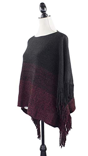 Two-tone knit poncho sweater with fringe, black with wine-red lower panel