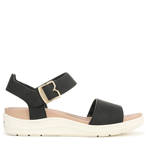 Women's black open-toe sandal with ankle strap, gold-tone buckle, and chunky white midsole