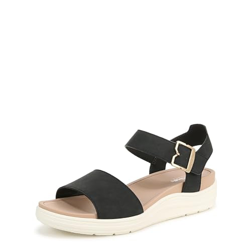 Women's black open-toe sandal with ankle strap and gold-tone buckle on white sole