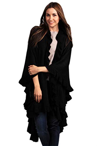 Women’s black ruffle-trim knit poncho cape with open front and draped layered hem