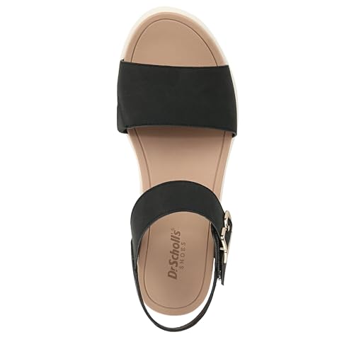Black women's sandal with ankle strap, buckle, and cushioned footbed