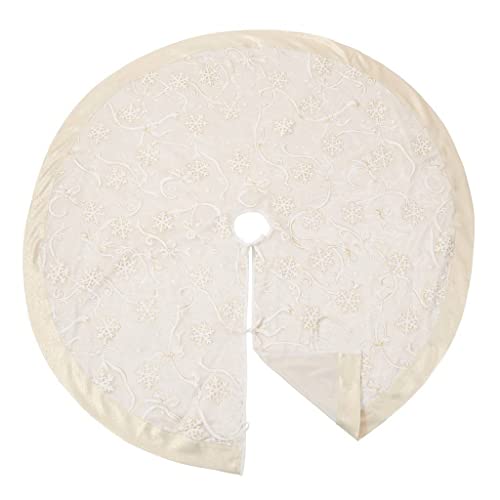 Cream round Christmas tree skirt with white snowflake and ribbon print; center hole for trunk.