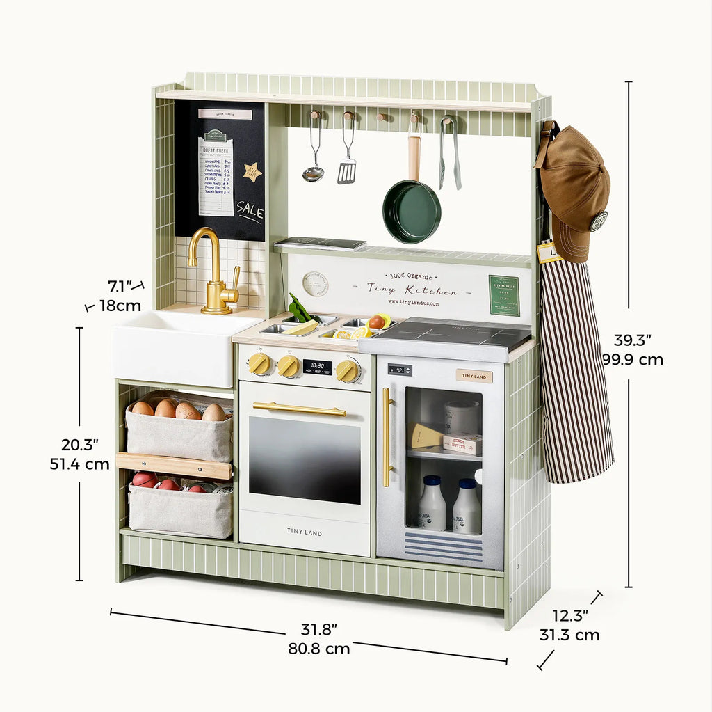 Play kitchen toy with white countertop, stovetop, oven, sink, and side storage