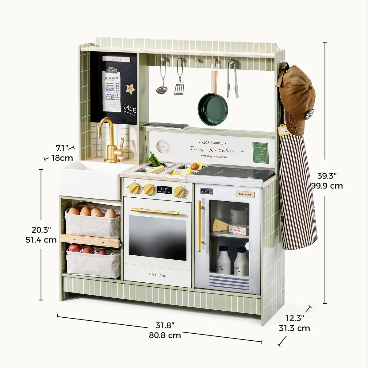 Play kitchen toy with white countertop, stovetop, oven, sink, and side storage