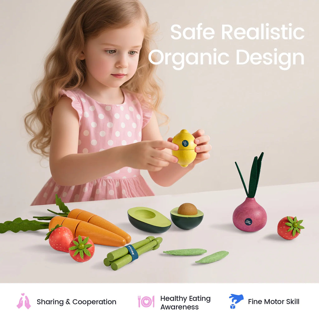 Child holding a toy lemon from an organic fruit and veggie play set