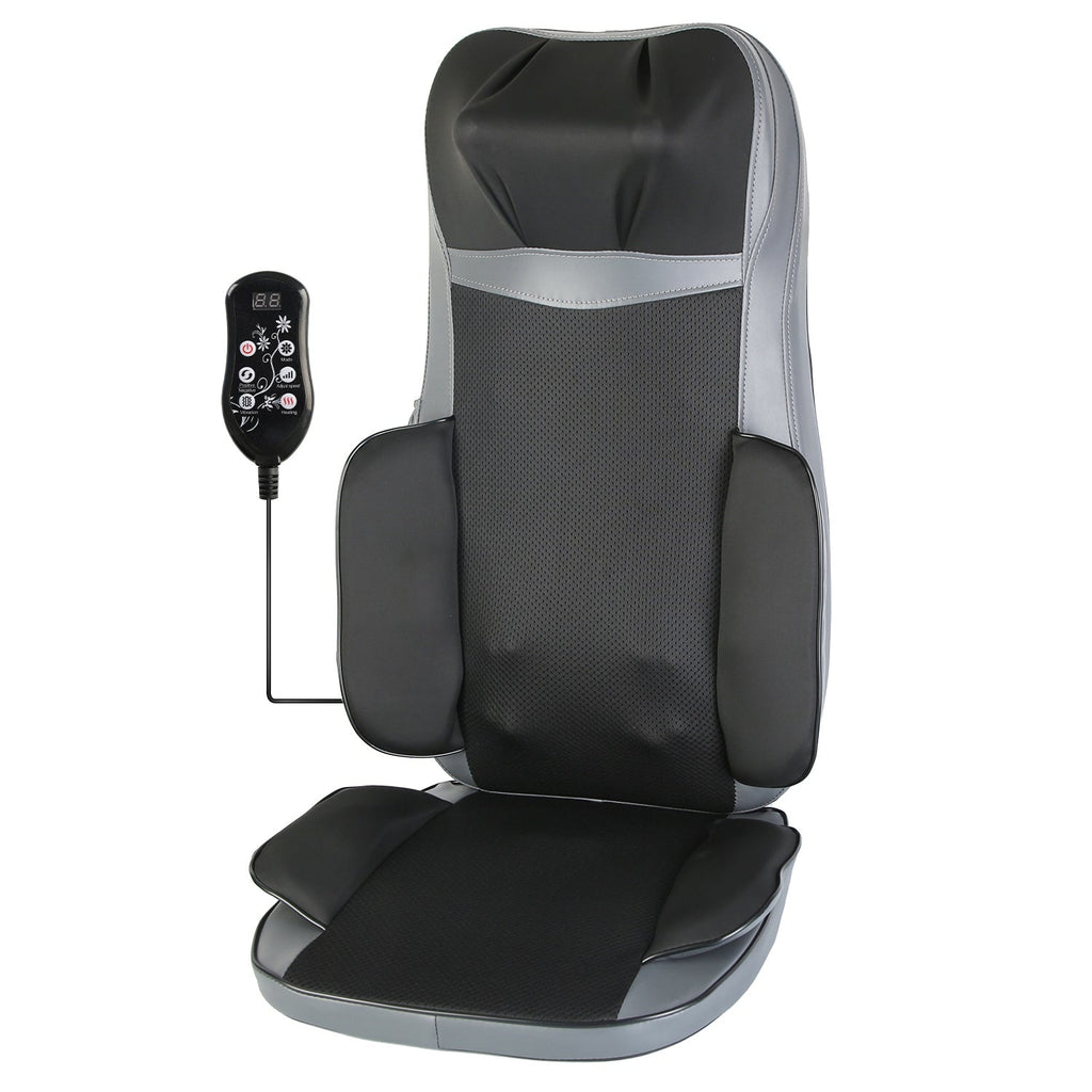 Black and silver massage chair pad with padded lumbar support and handheld remote