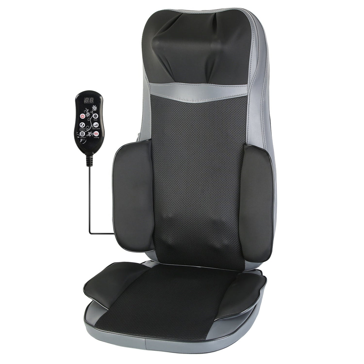 Black and silver massage chair pad with padded lumbar support and handheld remote