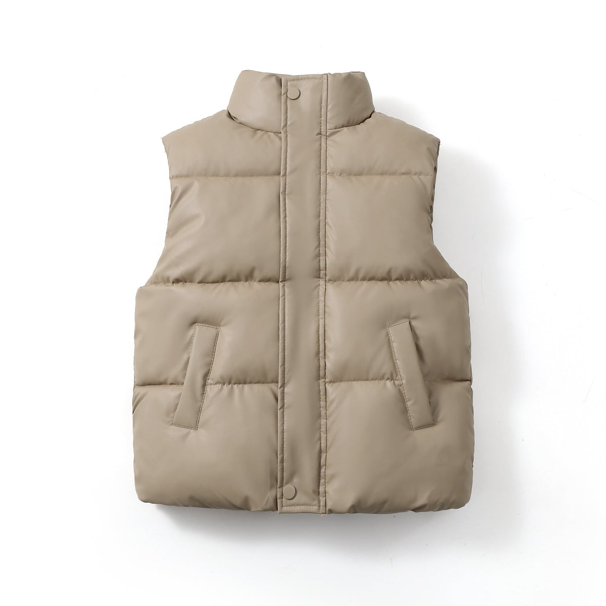 Children’s padded puffer vest coat in light beige, zip-front with stand collar