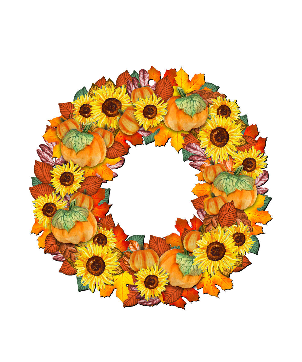 Autumn wreath with orange pumpkins and yellow sunflower blooms on white