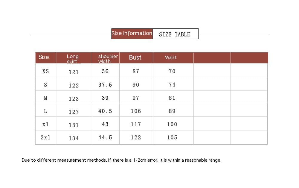 Costume dress size chart with measurements for XS to 2XL