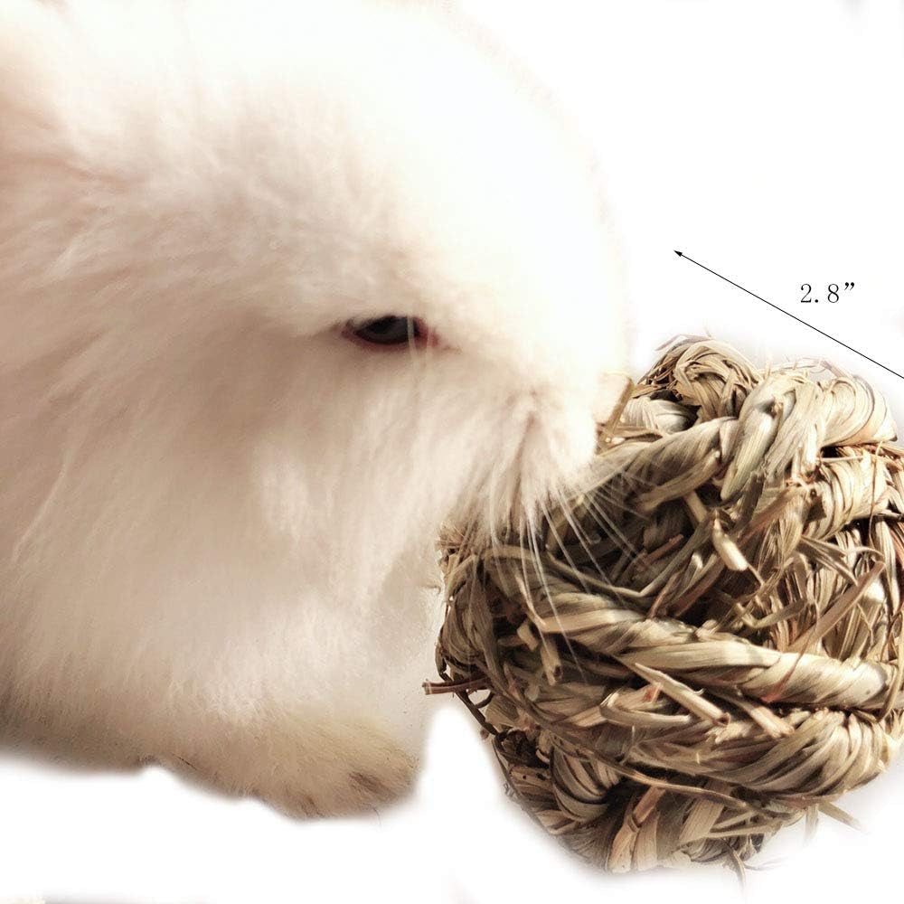 Braided timothy grass chew ball beside a rabbit, about 2.8 inches wide