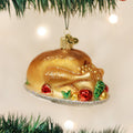 Hanging turkey platter ornament, gold glitter finish with red and green accents