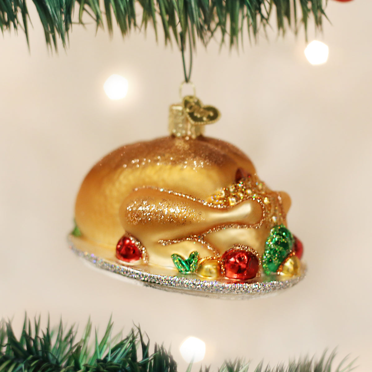 Hanging turkey platter ornament, gold glitter finish with red and green accents
