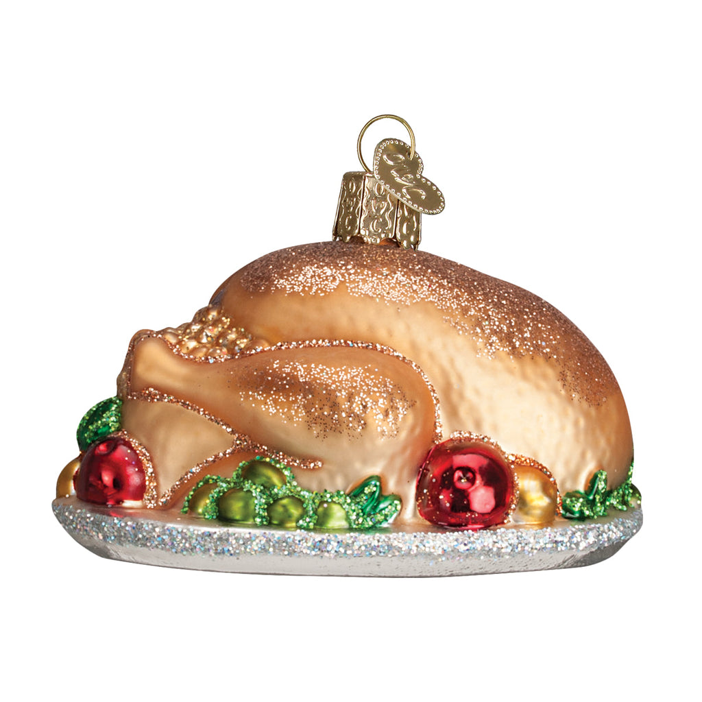 Turkey platter ornament with gold glitter dome, red berries, and green leaf details