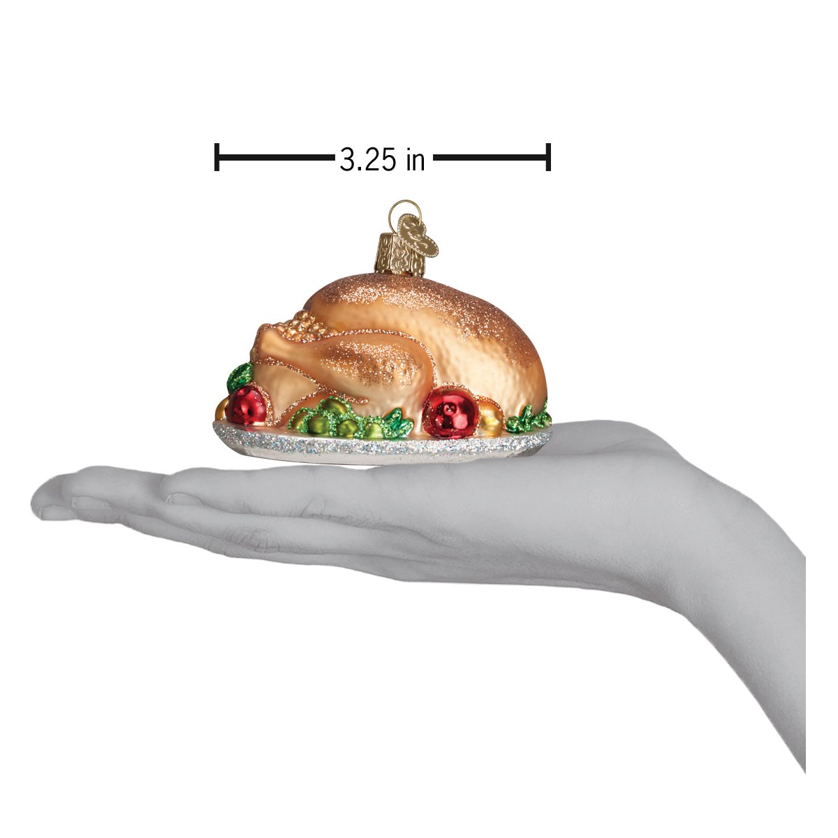 Turkey platter ornament held in hand, gold glitter top with red and green accents (3.25 in)