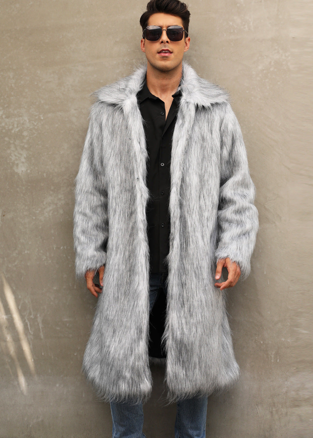 Mens long faux fur coat, light gray faux fur with open front and collar