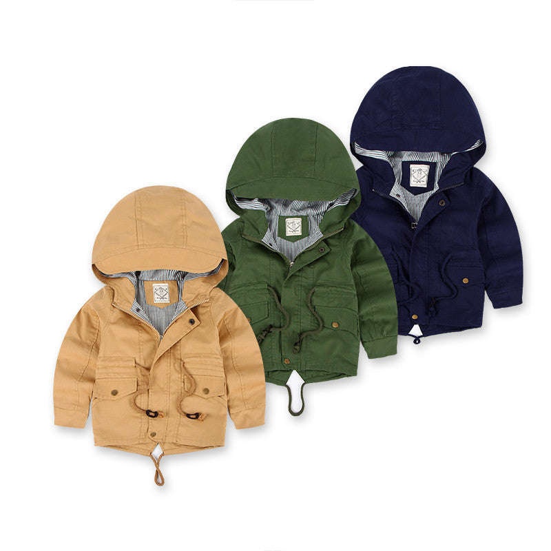 Set of three boys hooded winter coats in tan, green, and navy with drawstring hood.