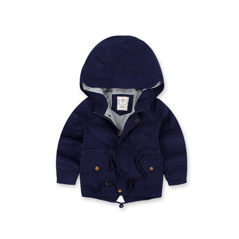 Navy hooded boys wind coat with front pockets and button placket