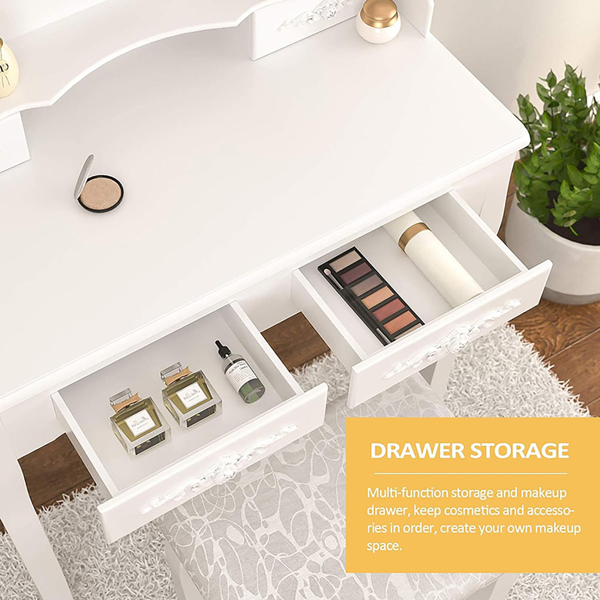 White vanity table drawers open for storage, with pull-out compartments
