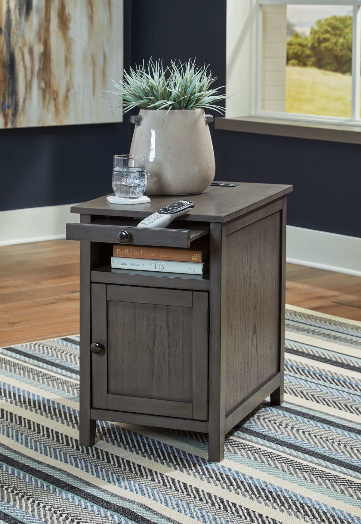 Chair side end table with single drawer, dark wood finish, square legs, lower cabinet