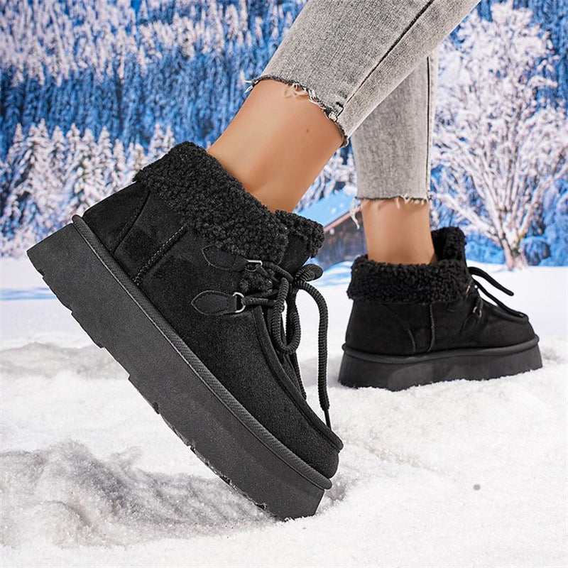Fleece-lined snow boots, black suede look with lace-up and fuzzy collar, thick sole