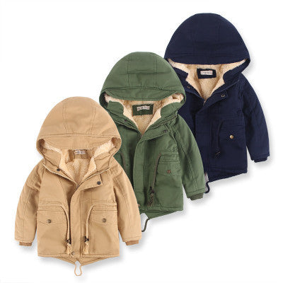 Set of three boys hooded winter coats in green, navy, and beige with zipper fronts.