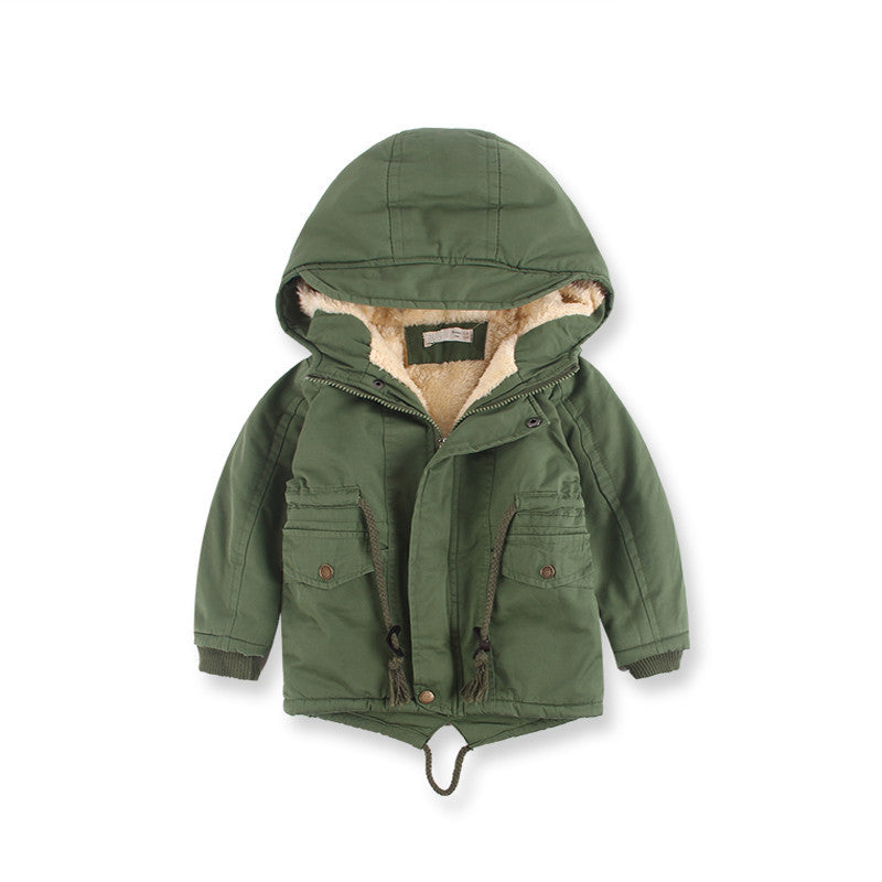 Boys hooded winter coat in green with zip front, snap pockets, and sherpa-lined hood.