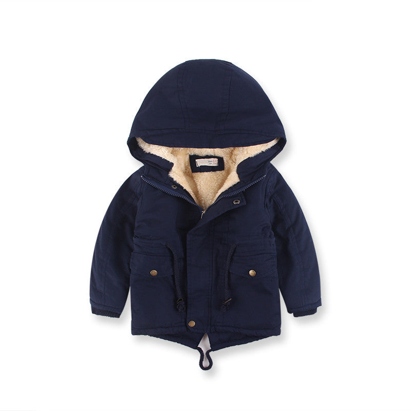 Boys hooded winter coat in navy with zip front, snap pockets, and sherpa-lined hood.