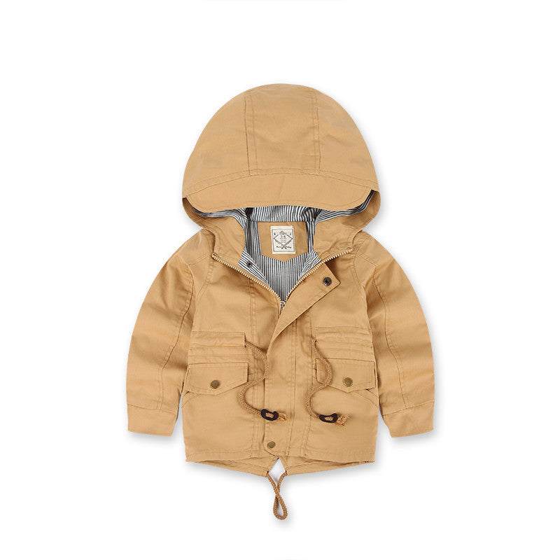 Boys hooded winter coat in tan with zip front, snap pockets, and striped inner hood.