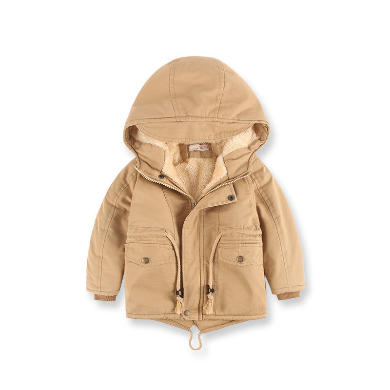 Boys hooded winter coat in tan with zip front, snap pockets, and sherpa-lined hood.