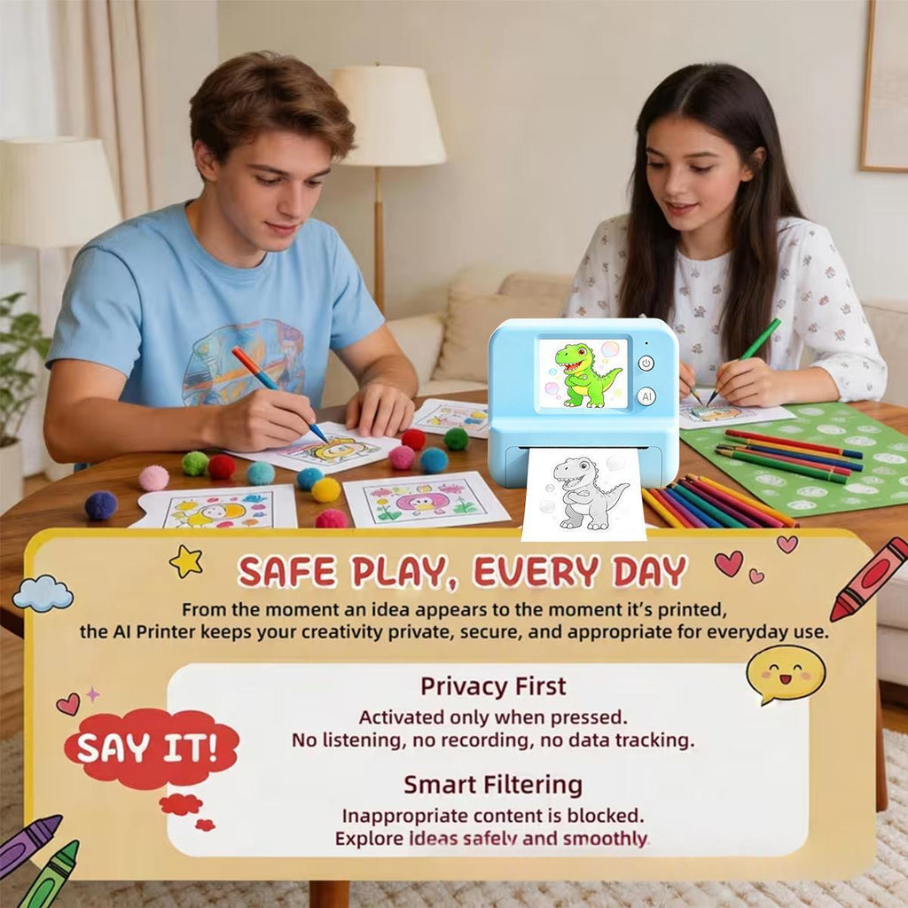 Blue AI doodle printer with screen for kid-safe, private printing