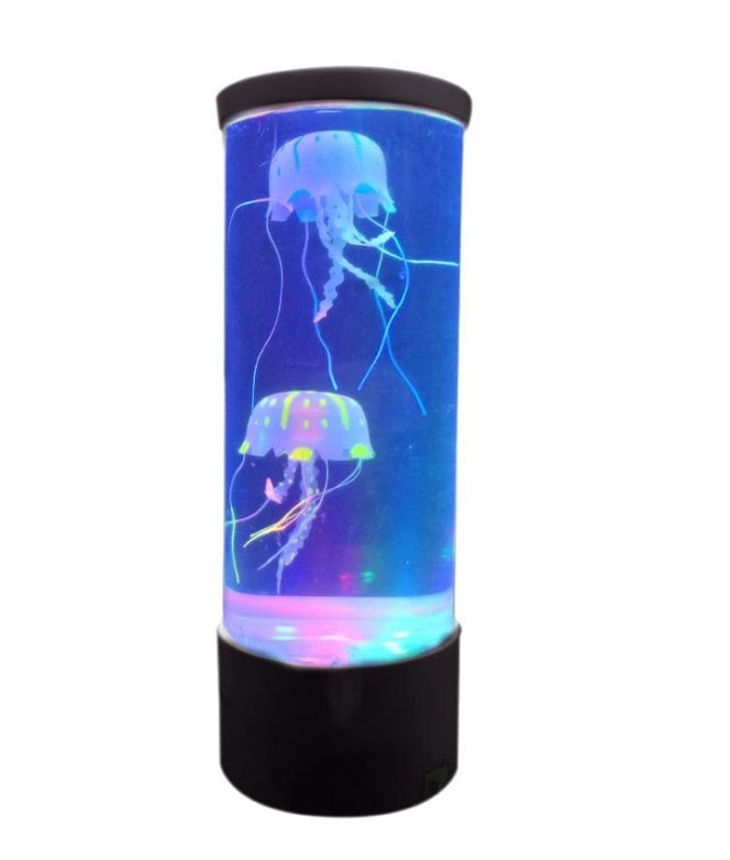 USB-powered LED jellyfish aquarium night light with blue jellyfish glow, black base