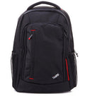 Black computer backpack with red-trim front zip pockets and top handle