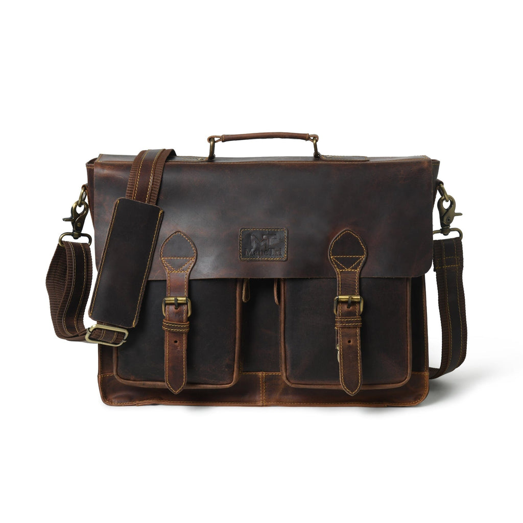 Brown leather messenger briefcase with flap front, handle, and adjustable shoulder strap.