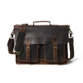 Brown leather messenger briefcase with flap front, handle, and adjustable shoulder strap.
