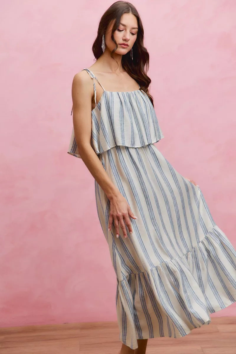 Blue-and-white striped tiered midi dress with ruffle bodice and tiered hem, angled view