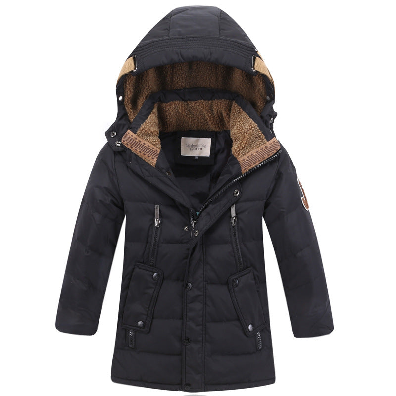 Children's winter puffer jacket, black, faux-fur lined hood and front zip pockets